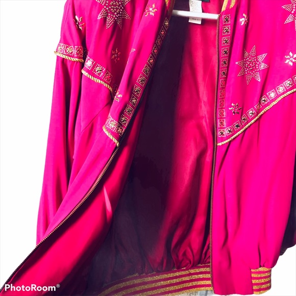 Embroidered Pink Bomber Jacket Glamorous Studded Metallic - Picture 5 of 10